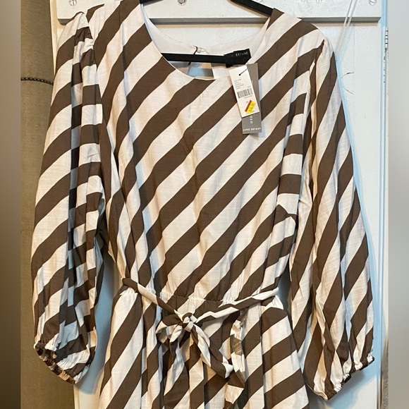 NEW**LANE BRYANT, POCKETS, LONG SLEEVE, LINED BROWN STRIP MIDI DRESS, - Picture 3 of 11